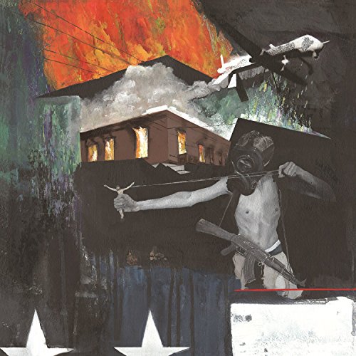 Burning building, helicopter, and figure with gas mask holding a weapon.