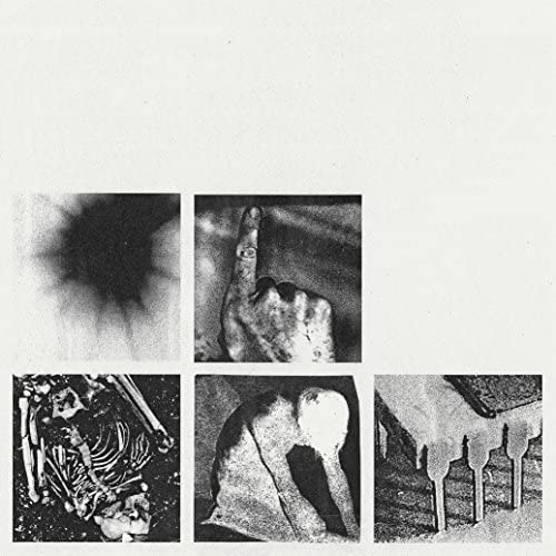 Album cover with five grainy black and white images arranged on a white background.