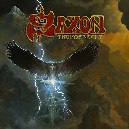 Saxon album cover: eagle, lightning, and mountains with band logo.