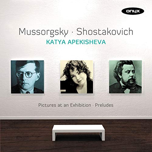 CD cover with portraits of composers Mussorgsky, Apekisheva, and Shostakovich.