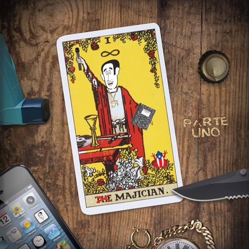 Tarot-style card depicting a magician with a turntable, phone, and pocket watch.