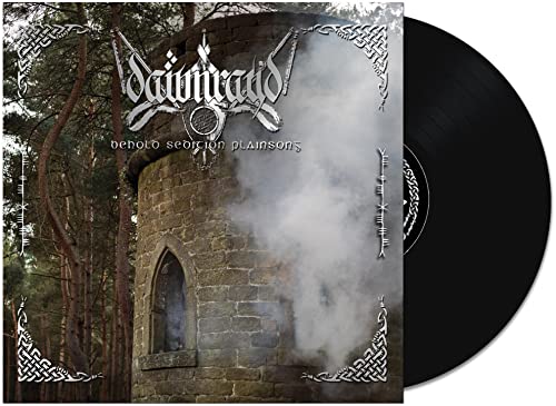 Vinyl record cover featuring a stone tower in a forest with smoke and text.