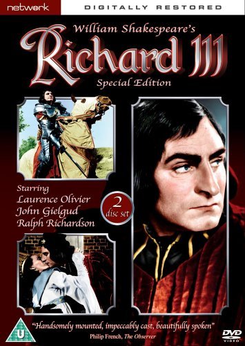 DVD cover for “Richard III” starring Laurence Olivier, with portrait and battle scene.