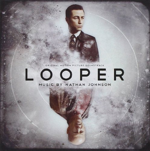 “Looper” soundtrack CD cover featuring a man’s fragmented image in grayscale.