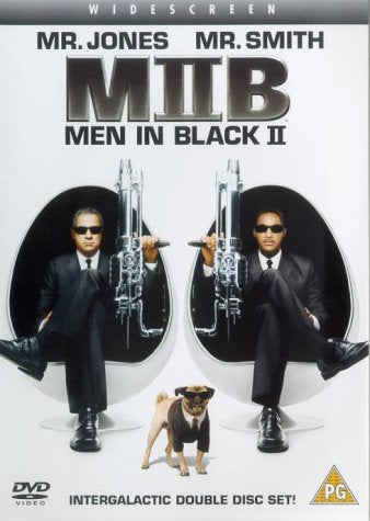 DVD cover for Men in Black II showing two men and a pug in suits.