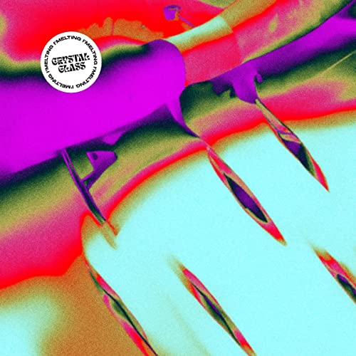 Vinyl record cover with abstract, distorted hands in vibrant pink and blue.