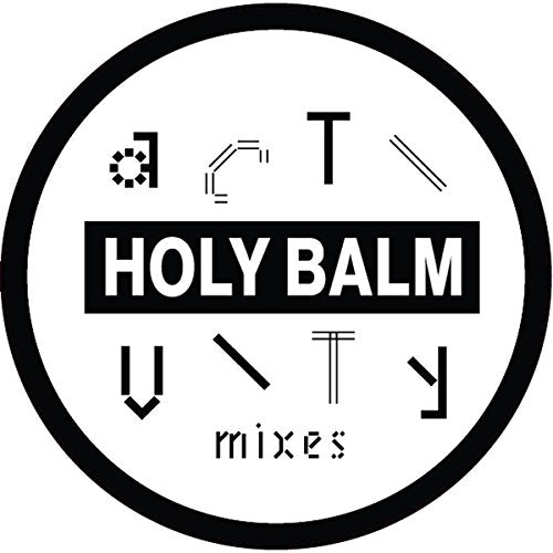 Black vinyl record label with white geometric designs and “Holy Balm” text.