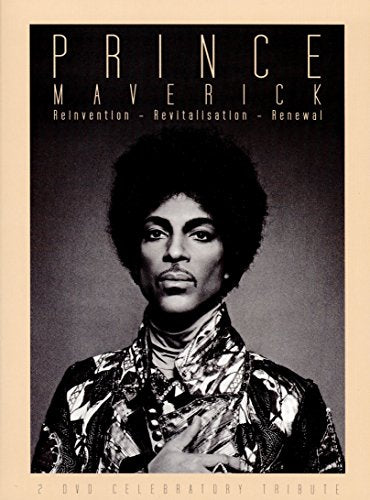 Prince portrait on "Maverick" DVD cover, black and white with purple accents.