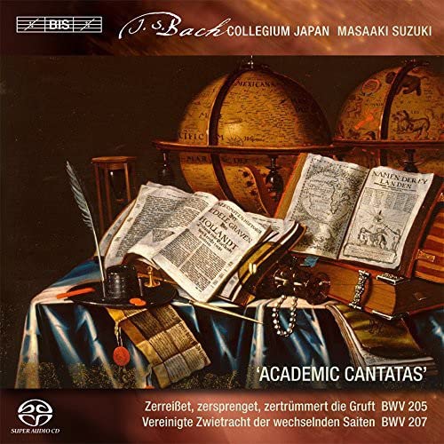 Classical music CD cover featuring antique maps, books, and writing tools.