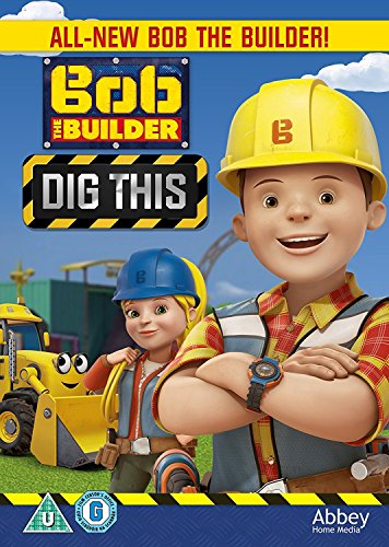 Bob the Builder and Wendy standing in front of a yellow construction vehicle.