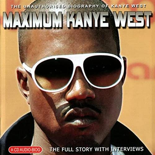 Close-up of Kanye West wearing white sunglasses, CD cover art.