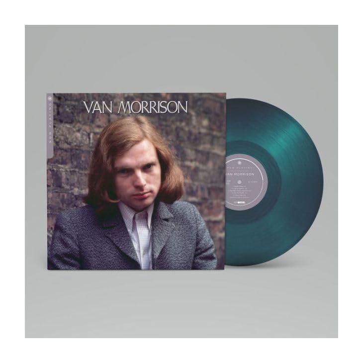 Van Morrison album cover and teal vinyl record shown together.