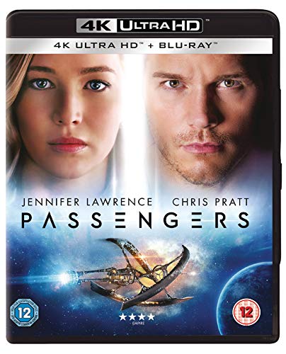 Passengers Blu-ray cover with Jennifer Lawrence and Chris Pratt, spaceship image.