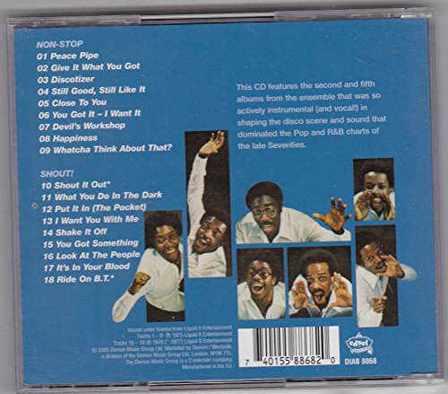 Back of a blue CD case with tracklist and photos of four men.