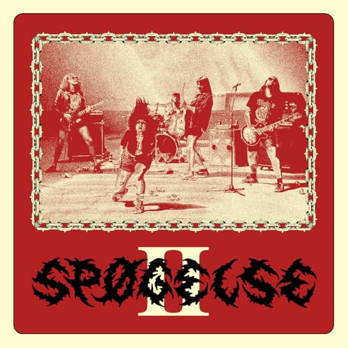 Red album cover featuring a band performing, with ornate border and title.