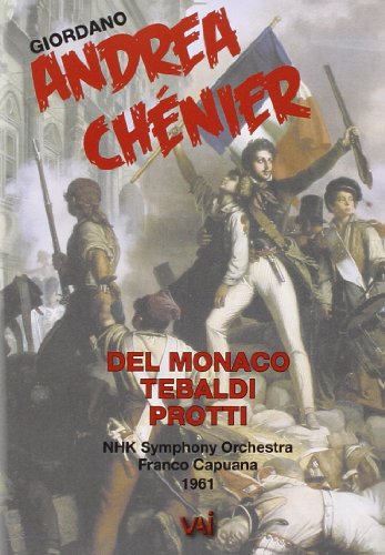 DVD cover for Giordano’s “Andrea Chénier” opera, featuring a historical painting.