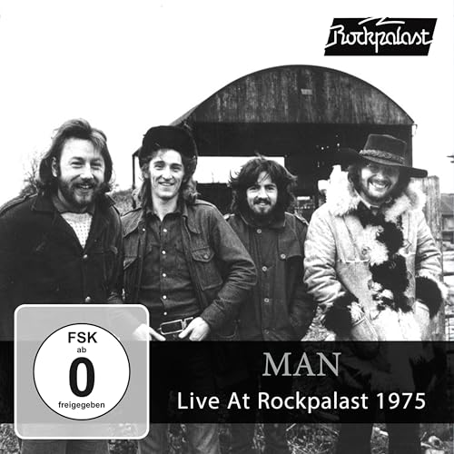 Black and white photo of four men, album cover for MAN - Live at Rockpalast 1975.