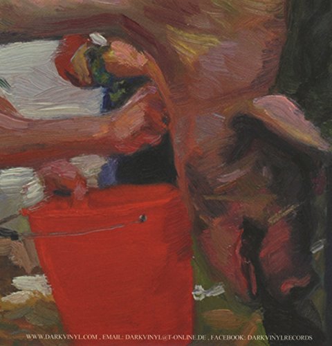 Impressionistic painting of a figure leaning over a red container.