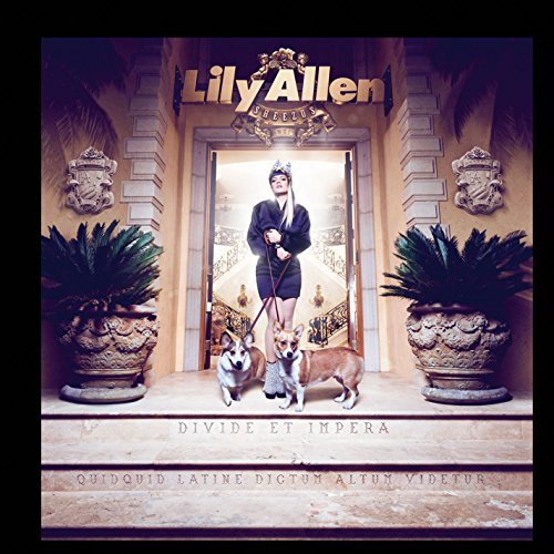 Lily Allen stands with corgis in front of a grand building.