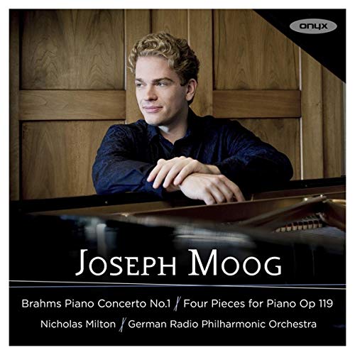 CD cover featuring pianist Joseph Moog and wood-paneled background.