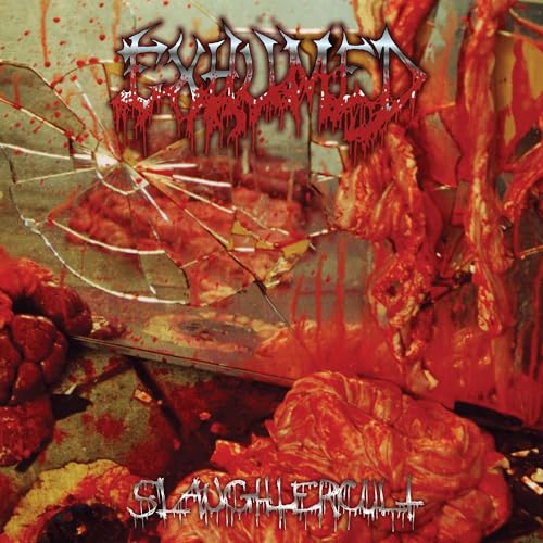 Album cover for Exhumed’s “Slaughtercult” featuring gore and shattered glass.