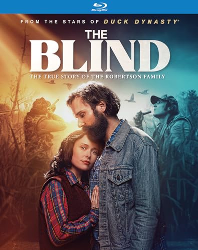 Blu-ray cover for "The Blind" featuring a couple and hunters in marshland.