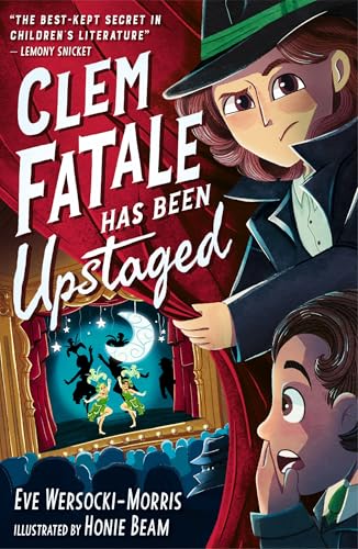 Book cover illustration showing two characters peering from behind stage curtains at a performance.