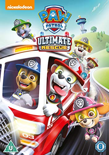 Paw Patrol characters in rescue vehicles on DVD cover art.