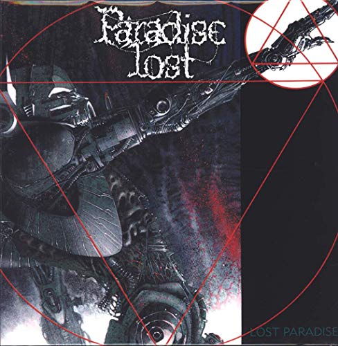 Dark album cover for Paradise Lost with mechanical imagery and red lines.