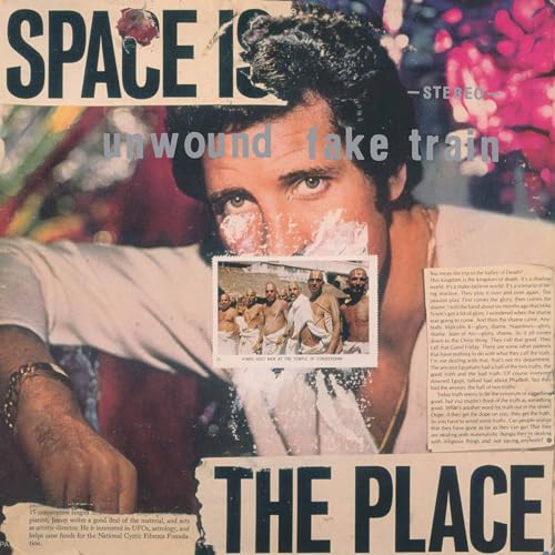 Vinyl record cover for Unwound’s “Fake Train” with a collage aesthetic.