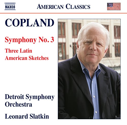 CD cover featuring portrait of Leonard Slatkin and text “Copland Symphony No. 3”.
