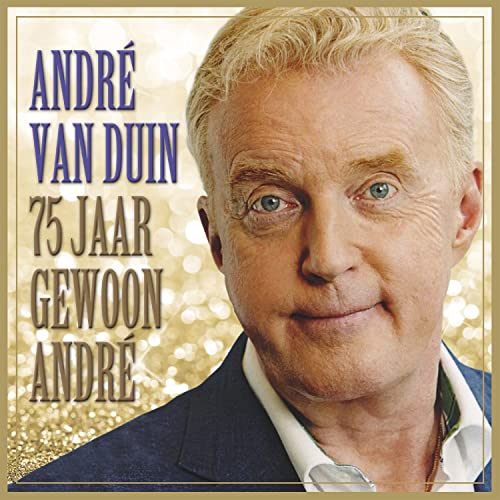 Close-up portrait of André van Duin with text "75 Jaar Gewoon Andre".