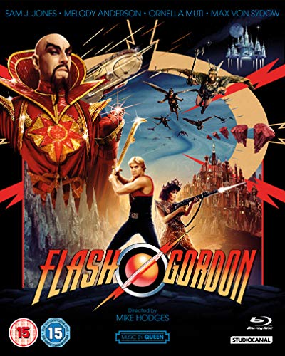 Flash Gordon" Blu-ray cover featuring characters and a sci-fi cityscape.