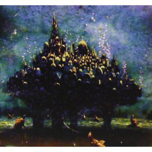 Dark, detailed painting of a fantastical castle with figures below.