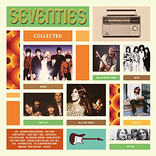Album cover for "Seventies Collected" featuring photos of 70s musicians.