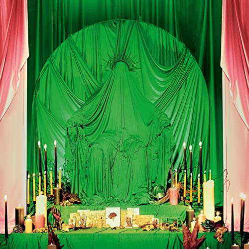 Green draped figures with candles, a still life, and a sunburst backdrop.