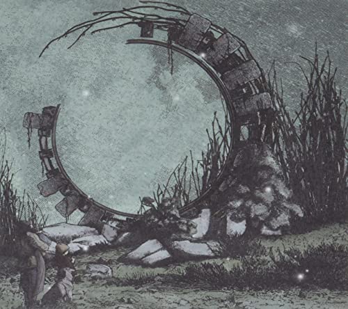 Sketch of a crumbling stone archway with figures in a field.