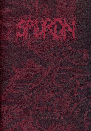 Red CD cover for Sauron’s “Hornology” with ornate, dark imagery.