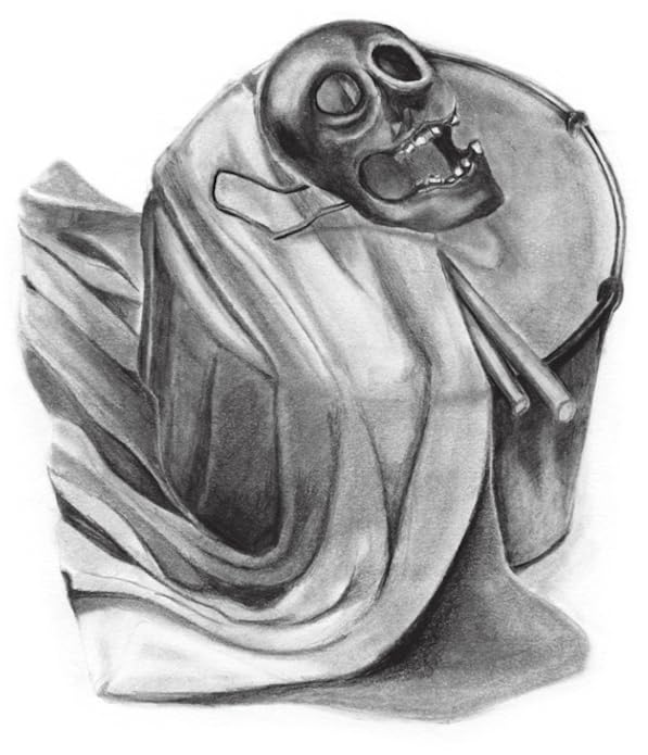 Black and white drawing of a skull-like figure draped in fabric.