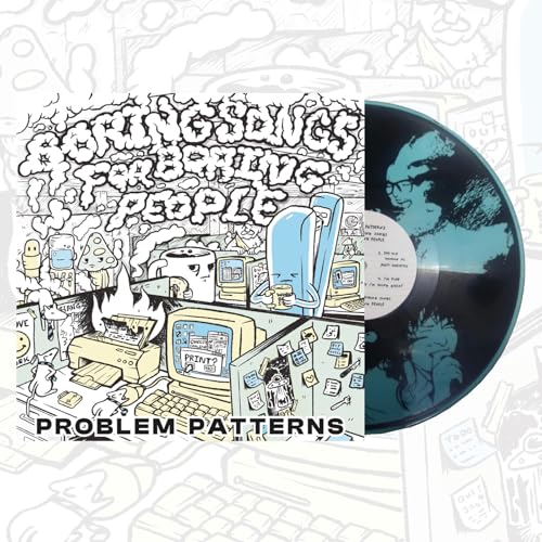 Vinyl record with illustrated cover art featuring computers and a portrait.