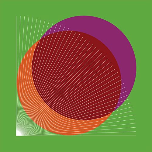 Abstract geometric art with overlapping purple and orange circles on a green background.