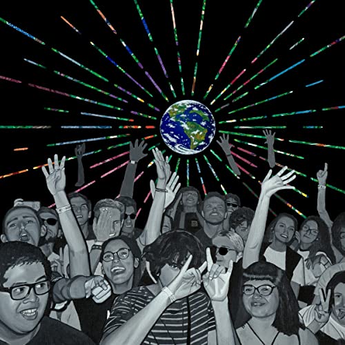 Crowd with raised hands beneath a glowing Earth and colorful rays.