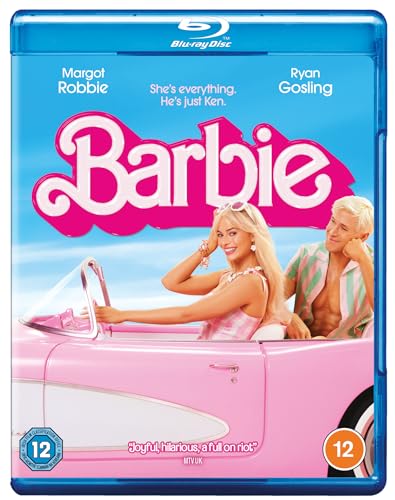 Barbie" Blu-ray cover featuring Margot Robbie and Ryan Gosling in pink.