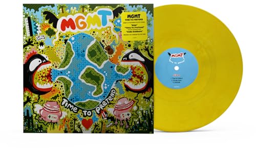 MGMT “Time To Pretend” vinyl record with colorful, cartoon-style cover art.
