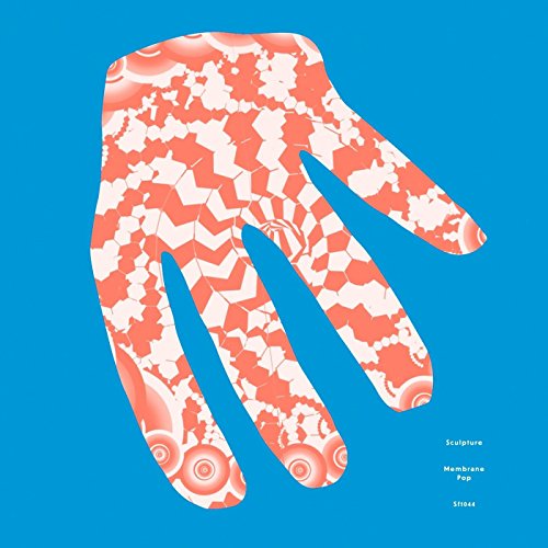 Blue background with a red, patterned hand silhouette and text.