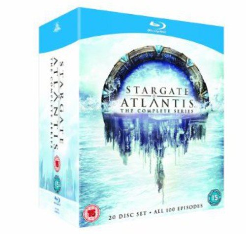 Stargate Atlantis The Complete Series Blu-ray box set with a Stargate and city graphic.