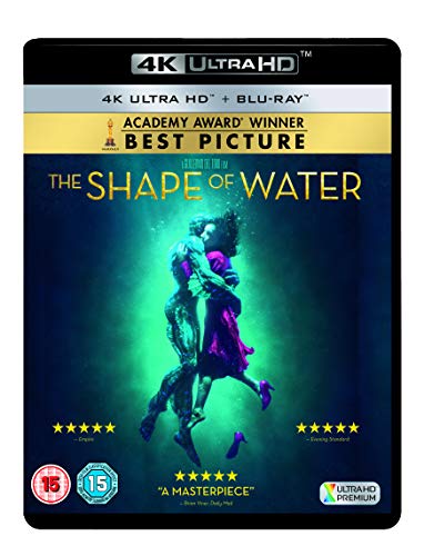 The Shape of Water 4K Ultra HD Blu-ray cover featuring an underwater couple embracing.