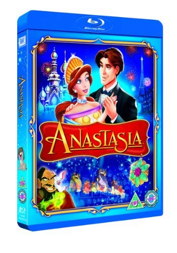 Anastasia Blu-ray cover featuring Anastasia and Dimitri with a Russian palace background.