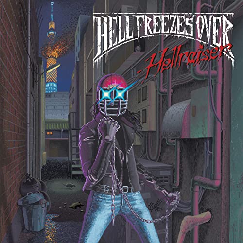 Album cover: masked figure in alley with city skyline backdrop.