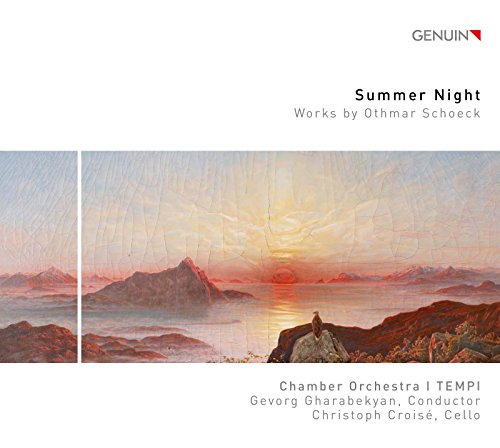 CD cover with a painted landscape of mountains and a sunset.